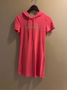 🌈Calvin Klein Coral Pink Hooded Tee Dress with Sparkle Logo